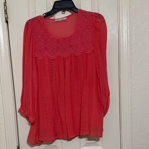 Embroidered Crochet Yoke Blouse - Coral